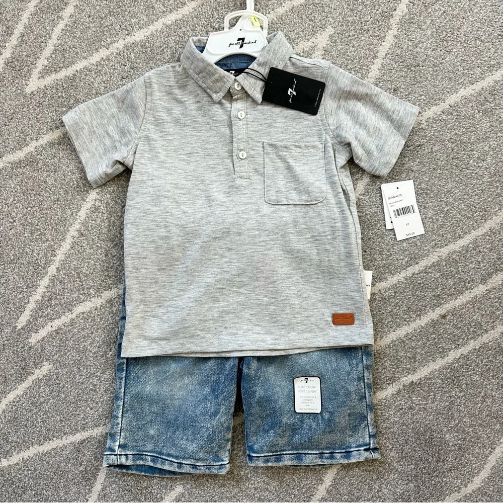 7 For All Mankind Two Piece Boys Gray Polo Shirt and Pull on Denim Shorts 4T